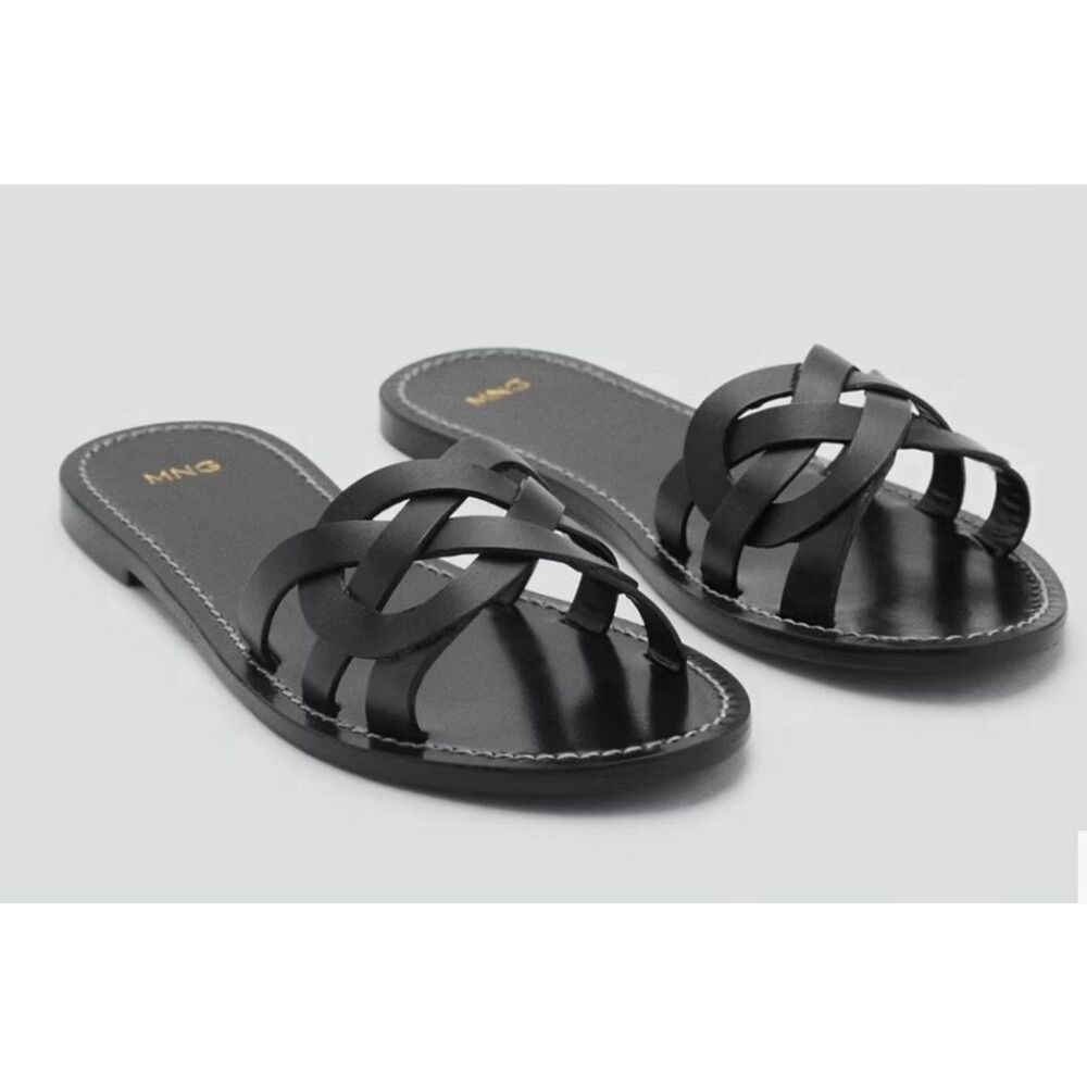 MNG by Mango Leather Braided Strap Slide Sandals Black WOMENS EUR 37 NEW